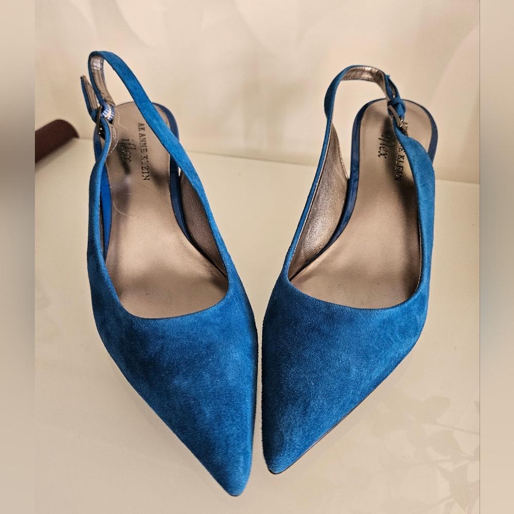 AK Anne Klein Suede Leather Sandals Slingback Heels  US 7 Blue, Teal